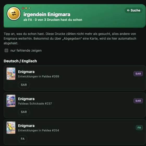 Liste aller passenden Karten zum Abhaken, welche man schon hat