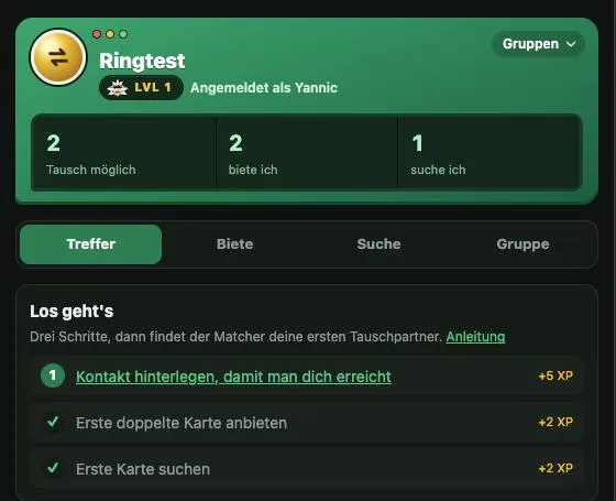 Startseite mit dem Kasten „Los geht's“: Kontakt hinterlegen, erste Karte anbieten, erste Karte suchen