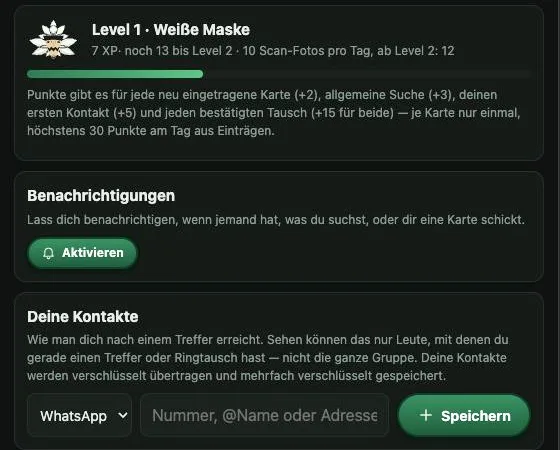 Gruppe-Tab mit Level, Benachrichtigungen und Kontakten