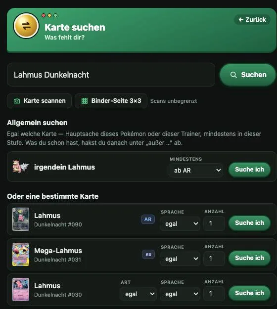 Kartensuche nach „Lahmus Dunkelnacht“ mit Menüs für Art, Sprache und Anzahl